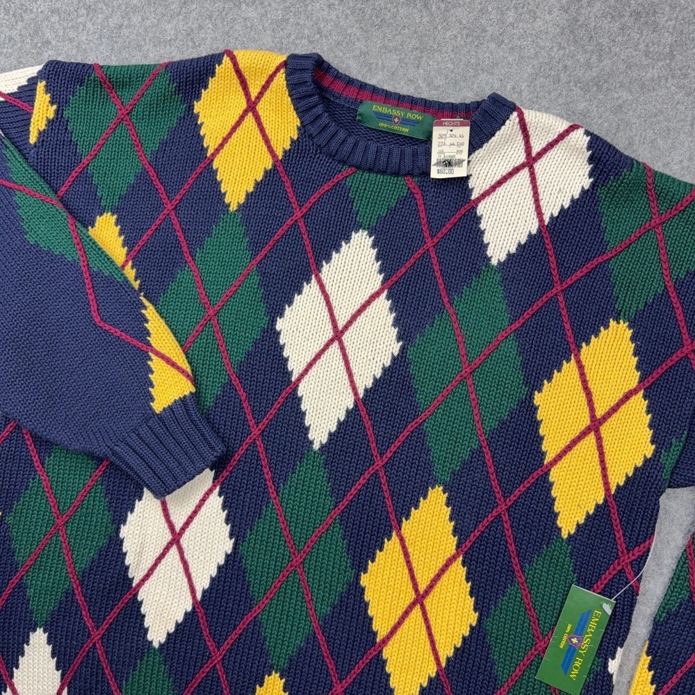 VTG Embassy Row Sweater Mens XL Blue Yellow Argyle Knit Crew‎ Neck Pullover NEW